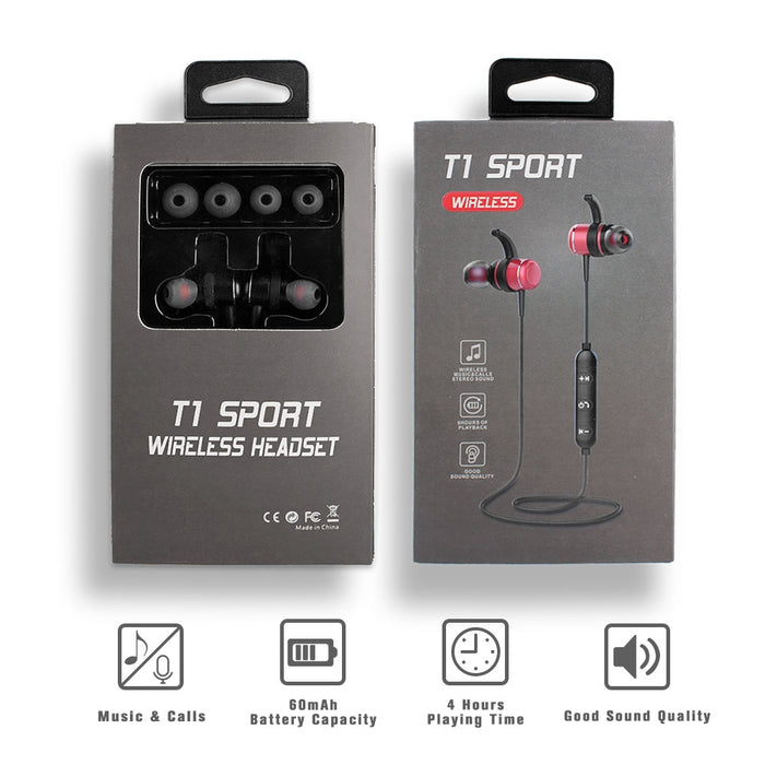 T1 Sport Magnet Metal Bluetooth Stereo Wireless Headset