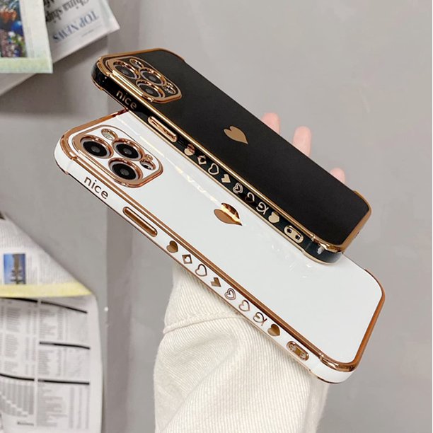 Soft Rubber Liquid Silicone Gold Heart Pattern Slim Protective Shockproof Case for Women Girls for iPhone 12 & iPhone 13 Series