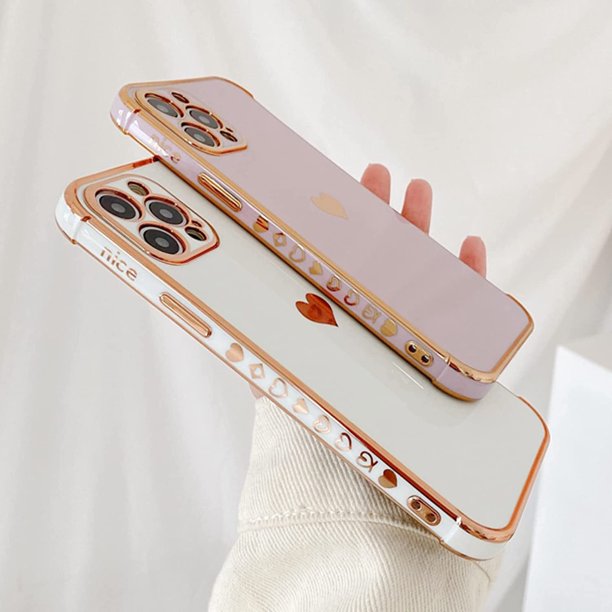 Soft Rubber Liquid Silicone Gold Heart Pattern Slim Protective Shockproof Case for Women Girls for iPhone 12 & iPhone 13 Series