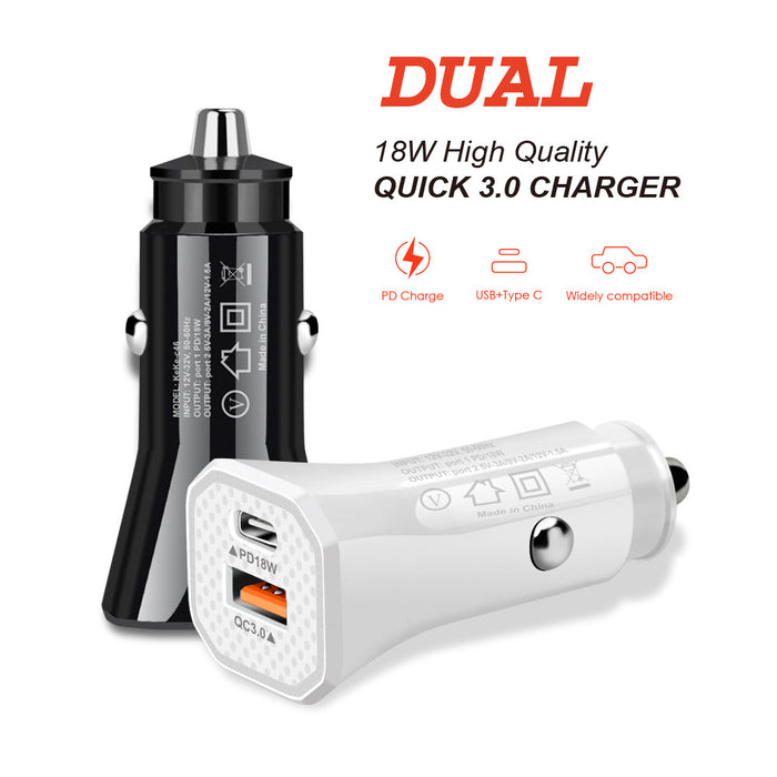 Dual Type C  & USB Car Charger 18W